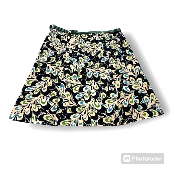 NWOT Loft Pleated Size 4P Black Blue Paisley Belted Knee Length Skirt - Picture 2 of 7